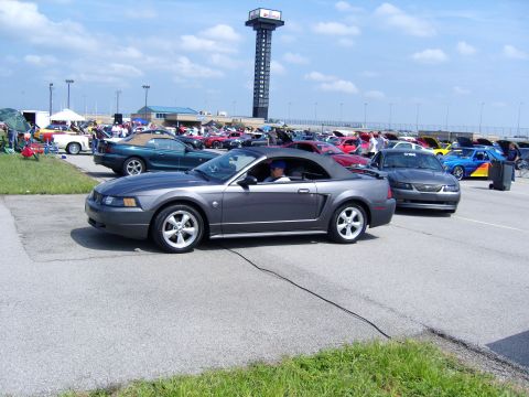 2007 Ford Mustang - A gray Ford Mustang convertible is parked at an outdoor car show with many other vehicles.