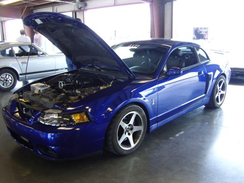 2007 Ford Mustang - A blue 2007 Ford Mustang coupe is displayed with its hood open, revealing the engine bay. Another car is visible in the background.