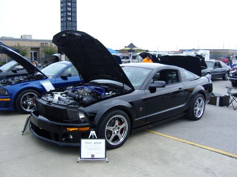 2007 Ford Mustang - Two Mustangs displayed with hoods open at a car show event.
