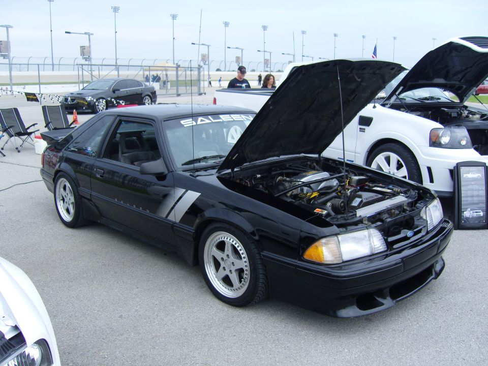 Black Saleen Mustang, 3q-front view, hood open. Visible text 'SALEEN'