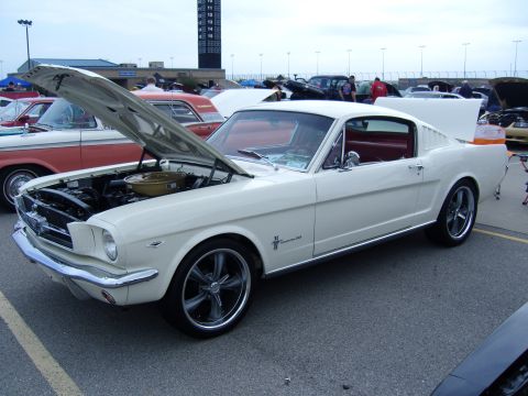 2007 Ford Mustang - A white 1965 Ford Mustang coupe is displayed with its hood and trunk open at an outdoor car show.