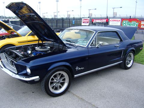 2007 Ford Mustang - Classic dark blue Ford Mustang coupe at a car show, hood and trunk open.