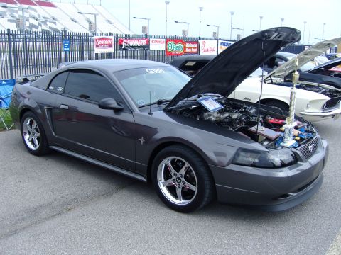 2007 Ford Mustang - A dark gray 2007 Ford Mustang is displayed with its hood open, the engine and a trophy.