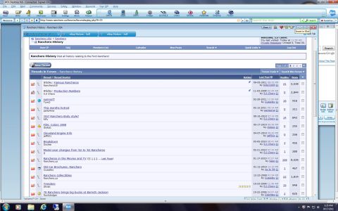 1973 Ford Ranchero - A screenshot of a Ford Ranchero enthusiast forum's thread list is shown on a computer screen.