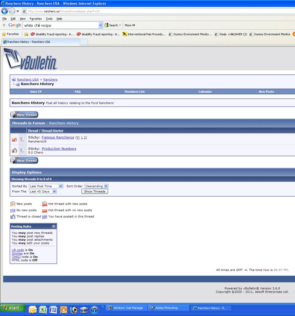 Computer screen displaying the vBulletin forum 'Ranchero History' with threads about Ford Rancheros