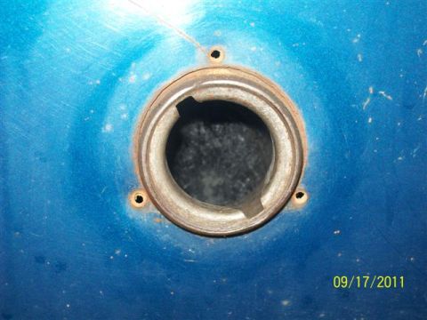 1979 Ford F-150 - Close-up of a fuel filler neck on a blue painted surface, with a date stamp of 09/17/2011.