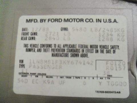 2000 Mercury Grand Marquis - This vehicle identification label indicates a manufacturing date of December 1988.