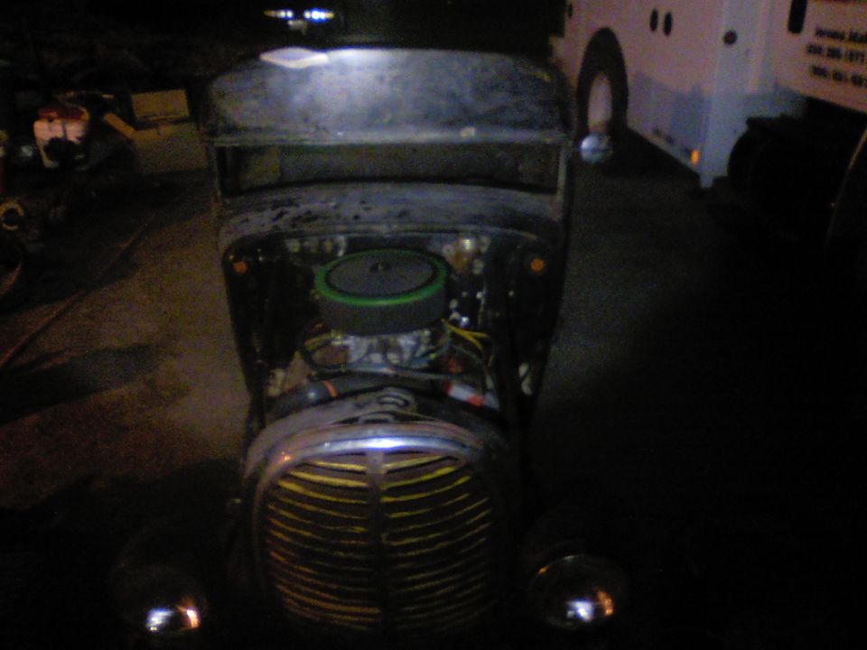 Hot rod front end with chrome grille and exposed engine air filter