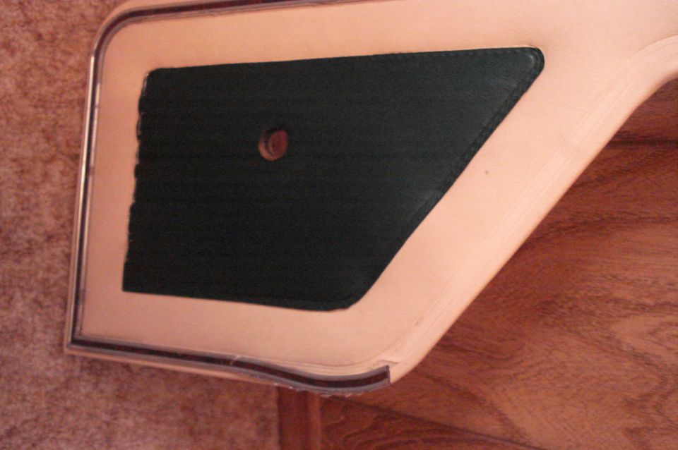 Close-up of a beige interior door panel with a dark green textured insert and a single screw hole