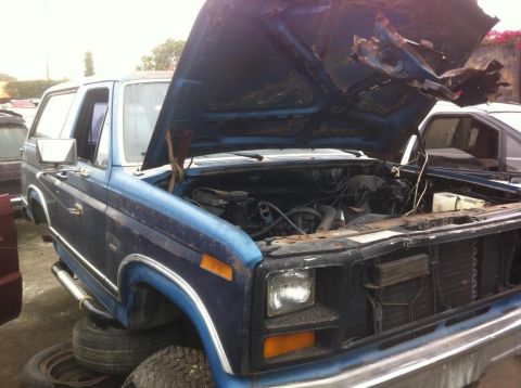 1992 Ford Bronco - This blue 1992 Ford Bronco is shown with its hood open, revealing the engine compartment.