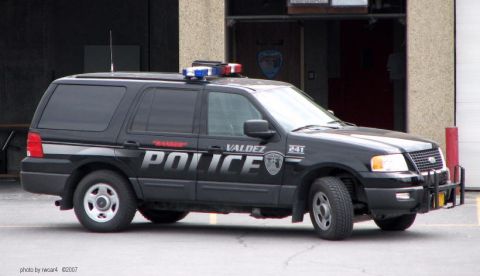2006 Ford F-150 - Black police SUV with light bar on roof, parked in front of a building.