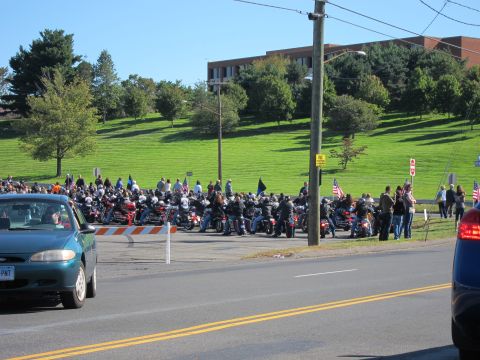 1991 Ford LTD Crown Victoria - large group of people stand among rows of parked motorcycles, several holding flags, on a green hillside beside a road.