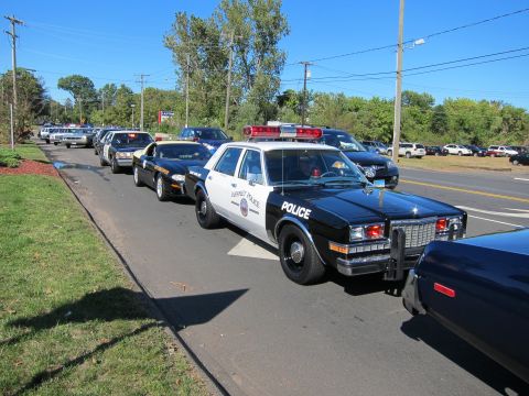 1991 Ford LTD Crown Victoria - black and white POLICE sedan leads a line of parked patrol cars along a curb beside a grassy verge under blue sky.