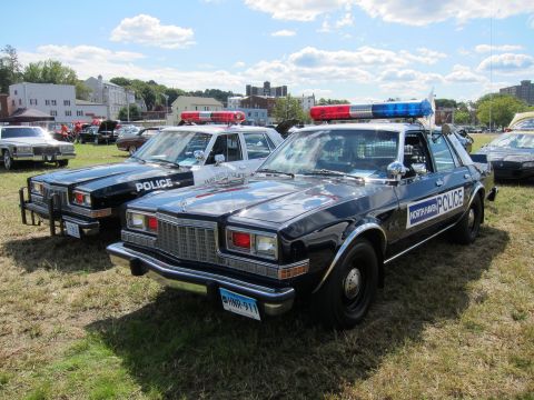 1991 Ford LTD Crown Victoria - Two black and white NORTH HAVEN POLICE sedans with roof light bars are parked side by side on grass at an outdoor car show.