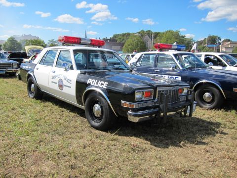 1991 Ford LTD Crown Victoria - black-and-white Jaffrey Police sedan with a chrome push bumper and roof light bar is parked among other patrol cars on grass.