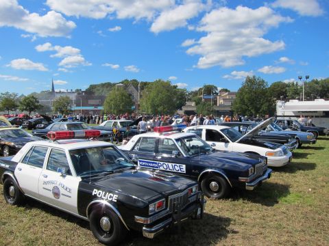1991 Ford LTD Crown Victoria - Several marked police patrol cars are parked side by side on grass with a crowd of spectators in the background.