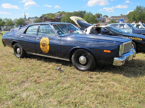 1991 Ford LTD Crown Victoria - dark blue Trumbull Police sedan with a gold circular door emblem and roof light sits on grass at a car show.
