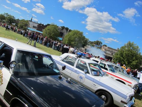 1991 Ford LTD Crown Victoria - White police patrol cars with blue striping and palm-tree door emblems lined up on grass with a crowd behind.