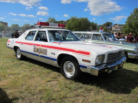1991 Ford LTD Crown Victoria - white State Police sedan with red and blue side stripes and a gold star emblem sits on grass among other cars.