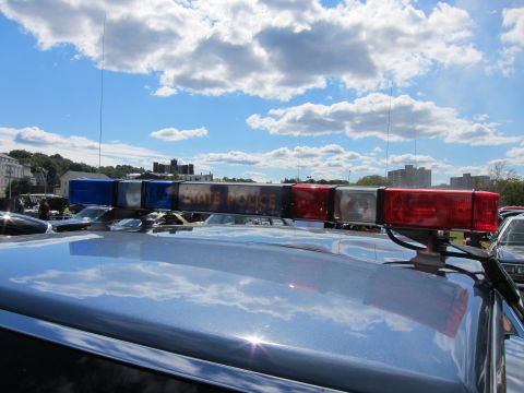 1991 Ford LTD Crown Victoria - State Police roof light bar with blue and red lenses sits atop a polished car roof against a partly cloudy blue sky.