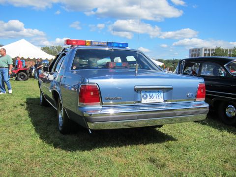 1991 Ford LTD Crown Victoria - Rear view of a blue Ford LTD Crown Victoria police cruiser with a State Police lightbar and Connecticut plate 56-121 under a blue sky.