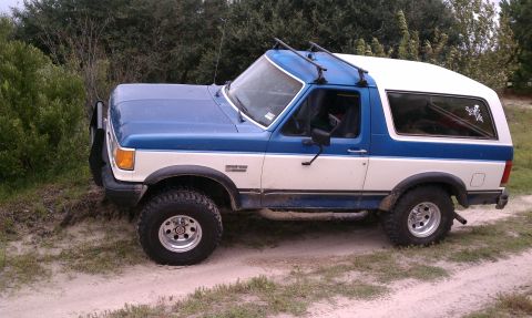 1979 Ford Bronco - This two-tone Ford Bronco is parked on a dirt road surrounded by vegetation.