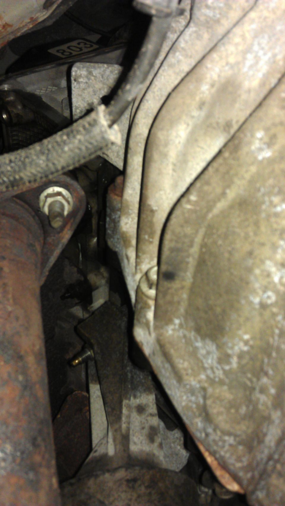Close-up of vehicle engine parts, including exhaust manifold and transmission housing. A tag with '803' is visible
