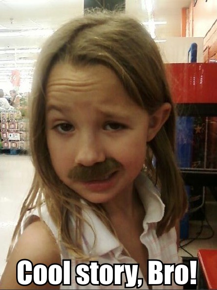 1989 Ford Bronco - Girl with a fake mustache and text overlay 'Cool story Pro!'