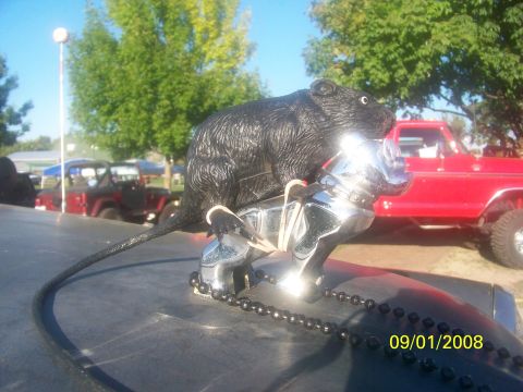 1989 Ford Bronco - A custom rat hood ornament is displayed on a vehicle, with other vehicles visible in the background at an outdoor event.