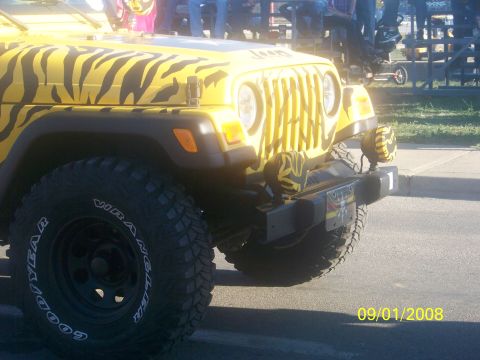 1989 Ford Bronco - This Jeep Wrangler is customized with a yellow and black tiger stripe paint job and large off-road tires.