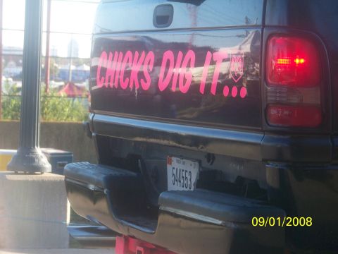 1989 Ford Bronco - A dark pickup truck's rear is shown with a humorous pink decal and a license plate.
