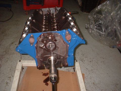 1969 Ford Mustang - Engine block on a stand, ready for assembly or rebuild.