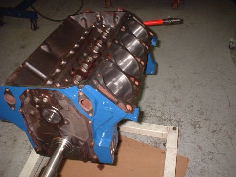 1969 Ford Mustang - This is a close-up view of an engine block, likely undergoing repair or rebuilding.