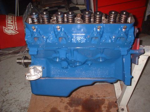 1969 Ford Mustang - A blue engine block is shown with its valve springs and pushrods exposed.
