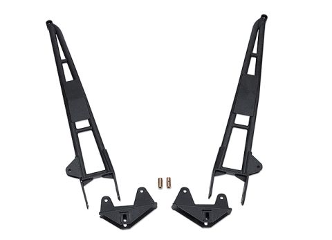 1986 Ford Bronco - A matched left/right pair of black powder-coated fabricated radius arms with lightening slots and triangulated bracing, shown on a white ba…