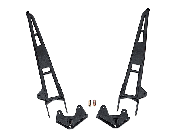 Pair of black fabricated radius arms with frame brackets and bushing sleeves on white background