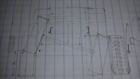 1989 Ford Bronco - Photo of a rough hand-drawn pencil sketch of frame and suspension geometry on lined paper.