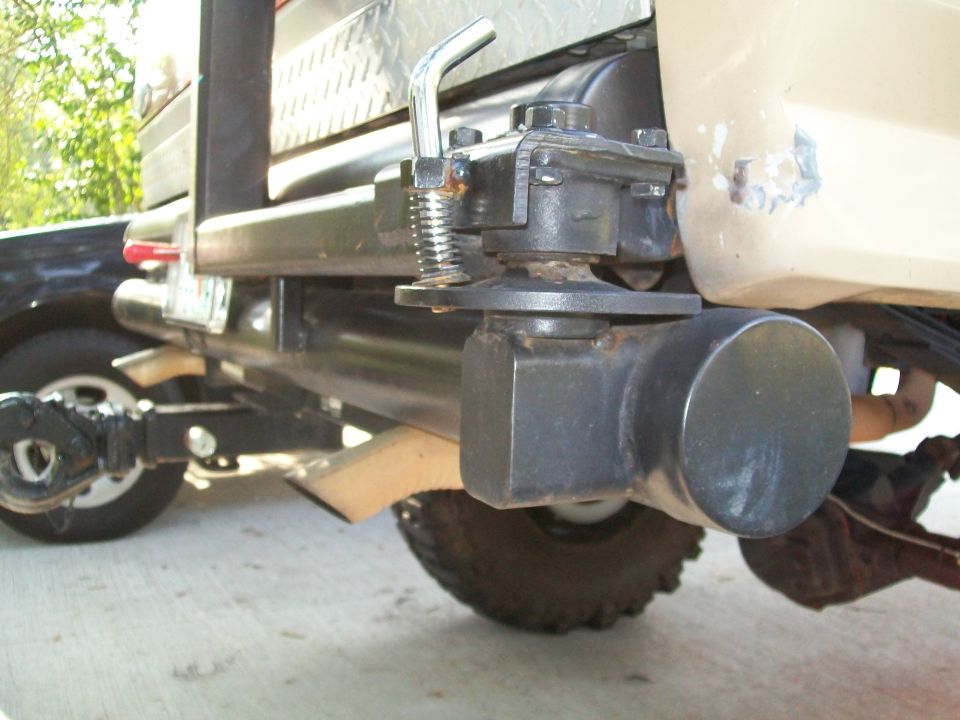 close-up of trailer hitch assembly on a vehicle's rear bumper