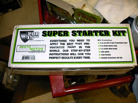 1990 Ford Bronco - POR-15 Super Starter Kit box contains paint, cleaner, brushes, and instructions.