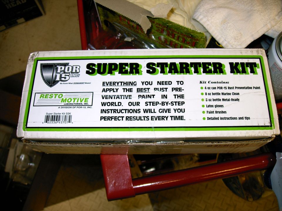 Box for POR-15 Super Starter Kit, showing contents like rust preventative paint and marine clean