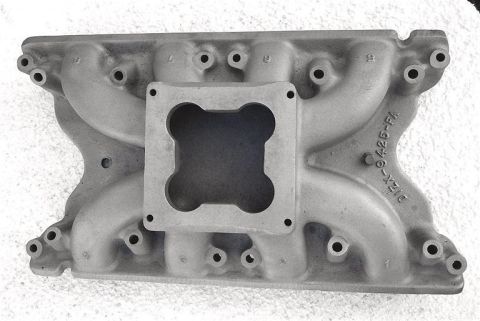 1972 Ford Ranchero - This is an aftermarket aluminum intake manifold, likely for a V8 engine, with visible casting numbers.