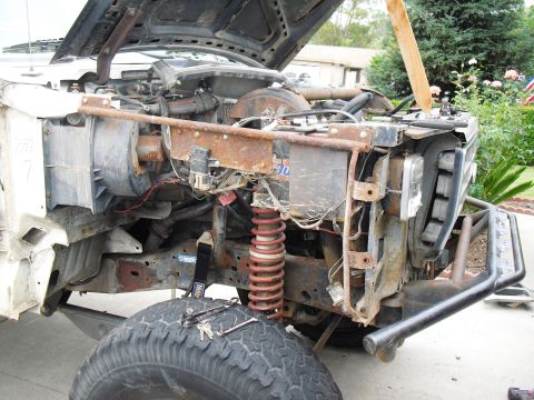 1986 Ford Bronco - Front end of a 1986 Ford Bronco disassembled for repair or modification.