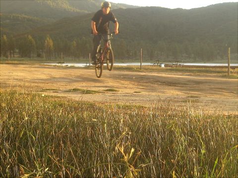 1996 Ford Bronco - A person performs a jump on a bicycle in a park setting with a lake and trees visible.