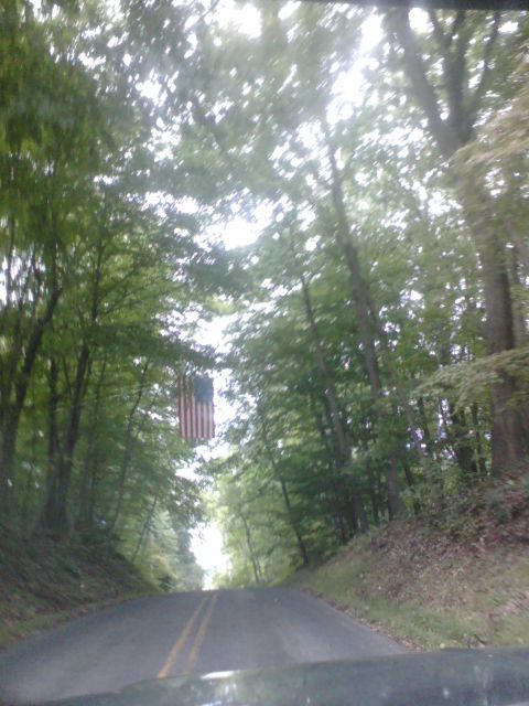 1988 Ford Bronco - American flag hangs over a road through a wooded area.