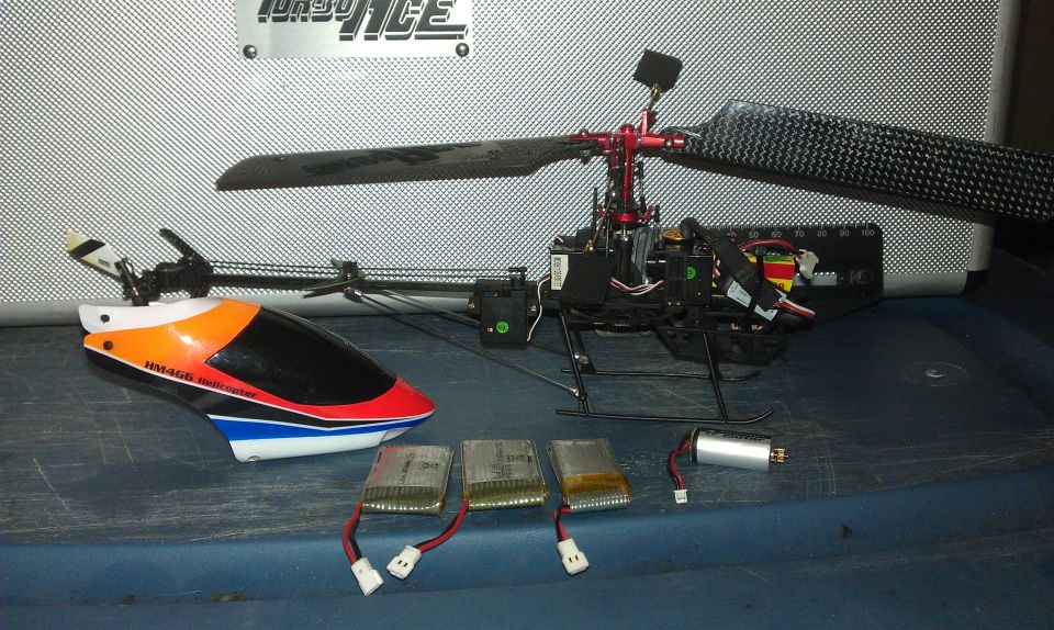 Remote control helicopter body, batteries, and motor
