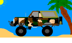 1979 Ford Bronco - This camouflaged SUV sits on a sandy beach under a bright sun, with a palm tree nearby.