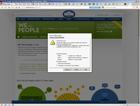 1985 Ford F-150 - A security warning pop-up obscures part of the White House website, indicating a certificate name mismatch.