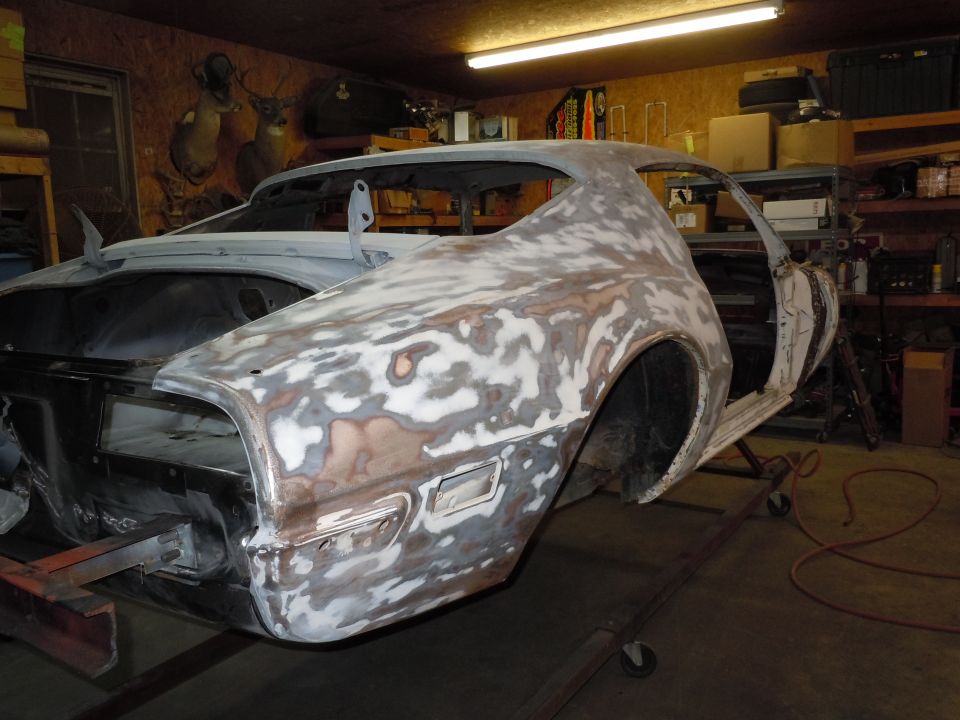 1973 Pontiac Trans Am body in primer, rear 3/4 view