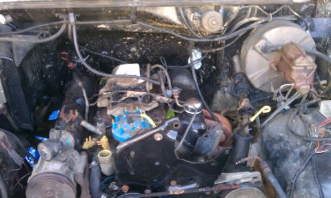 1985 Ford Bronco - Close-up view of a vehicle's engine bay, showing various components including the distributor and brake booster.