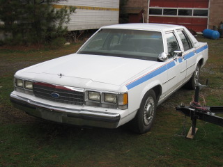 1991 Ford Crown Victoria LTD - A white 1991 Ford Crown Victoria LTD with blue side stripes is parked outdoors on a grassy area.